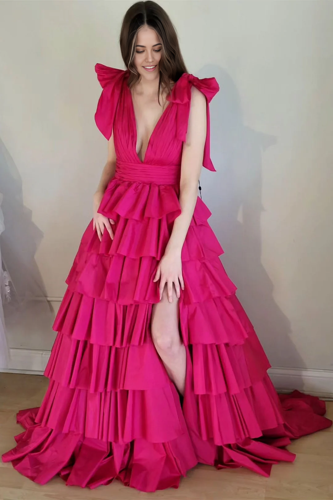 A-line Plunge V Ruffle Tiered Ball Gown Black formal dresses evening gown Prom Dress with Slit
